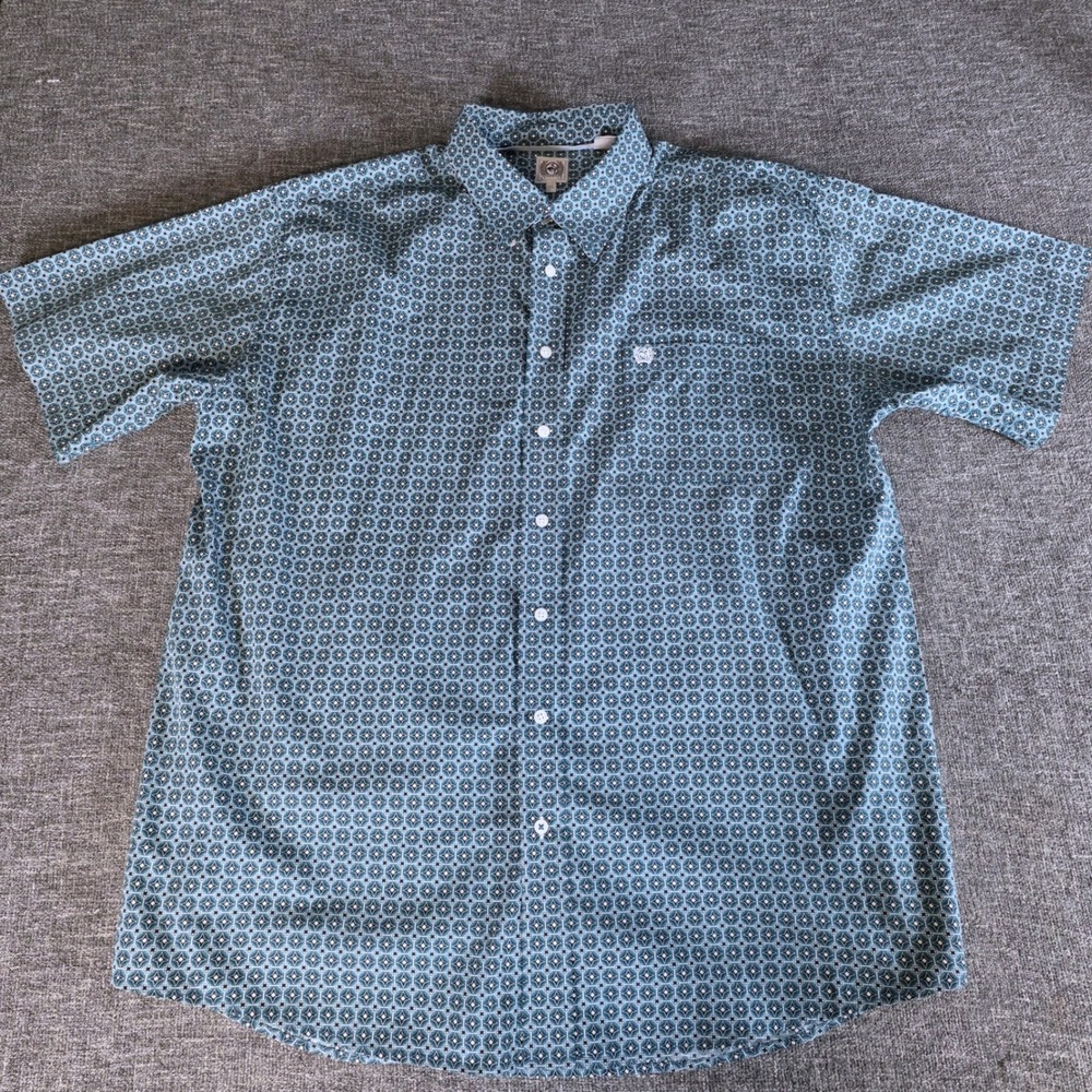 Cinch Mens XL Short Sleeve Button Down Shirt Teal Geometric Diamond Print Cotton